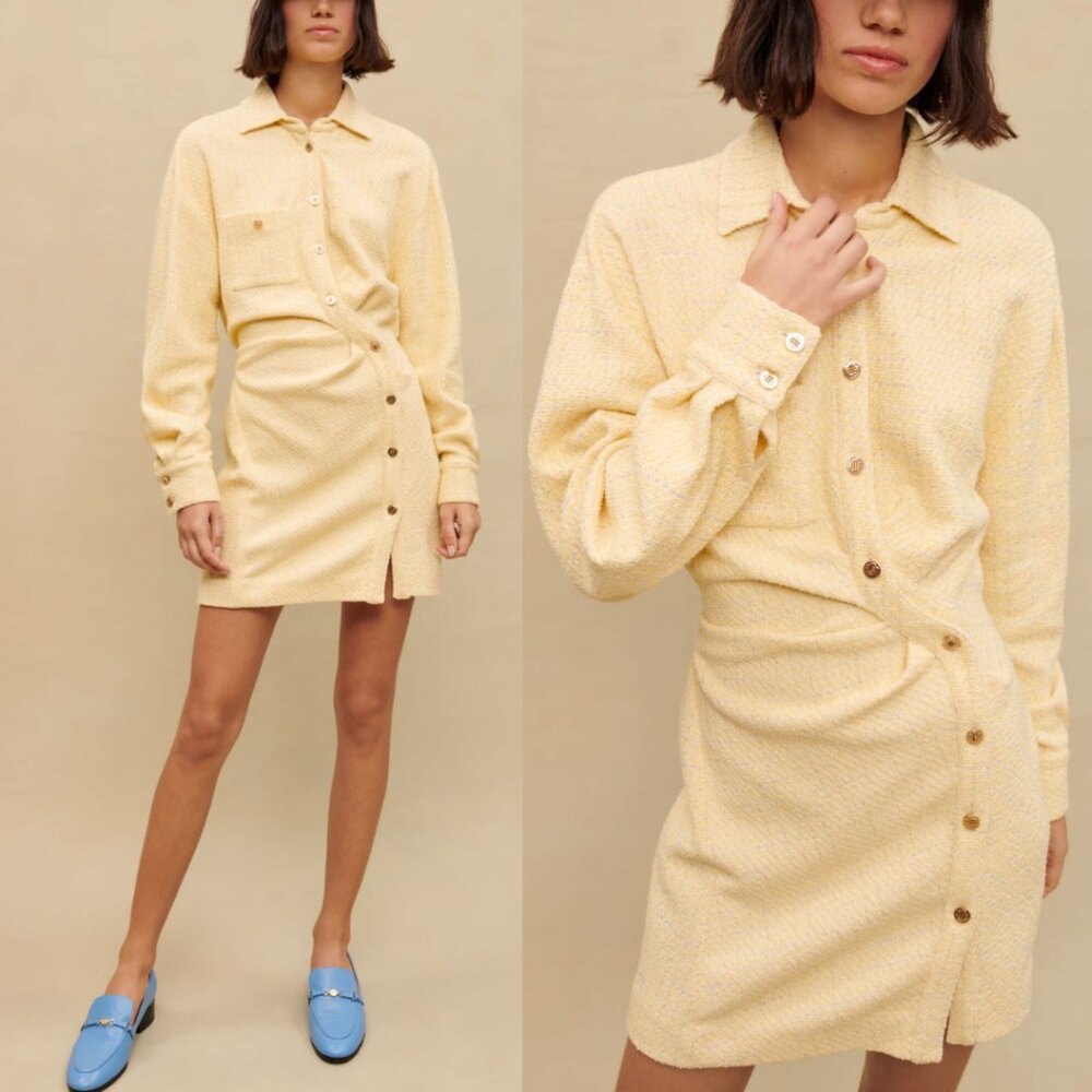 NWT Maje Rillo Mini Shirt Dress Jaune Pale Lurex Tweed Asymmetrical Button Front